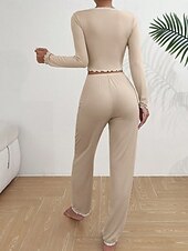 baratos Tops e partes de baixo de dormir para mulher-Mulheres Conjunto de Pijama Casual Conforto Cor imaculada Renda Cintura elástica Calça Diário Casa Manga Longa Decote V Azul Preto Rosa Vermelho Cáqui Verão Primavera Outono Normal