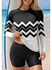 tanie Tankini i bikini do surfingu-Damskie Strój kąpielowy Rashguard Docieplacze Stroje kąpielowe Tankini Geometryczny Blokowanie kolorów 2-częściowa Wyjmowane wkładki Boyleg Ochrona przeciwsłoneczna UV UPF50+ Ochrona UV Długi rękaw