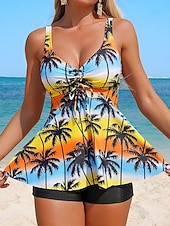 preiswerte Tankinis-Damen Badeanzug Tankini Zweiteilig Hohe Taillenlinie Bademode Bauchkontrolle Hohe Taille Schlank Rückenfrei Urlaub Strandbekleidung Blumen U-Ausschnitt Ärmellos Badeanzüge