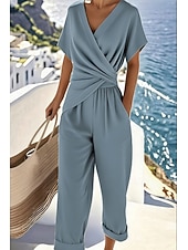 abordables Ensembles chemisiers pour femmes-Femmes Ensembles de Pantalons Haut boléro Manche Courte Col en V Couleur Unie Froncé Mode Streetwear Occasionnel Quotidien Extérieur Bleu Kaki Beige Été Coupe régulière