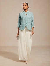  女性用 ドレッシーなトップス ツインセット ラインストーン フラワー エレガント クルーネック 結婚式のゲスト カクテルの服装 ライトブルー 夏 春 秋