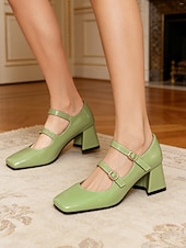 voordelige Mary Jane Pumps-Dames Mary Jane pumps met groene lakleren imitatieleer afwerking – vintage pumps met vierkante neus, dubbele band en gouden gespen, elegante retrostijl uit de jaren 50 voor dagelijks gebruik en