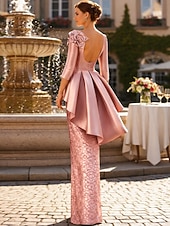 preiswerte Bodenlänge-Schlauchkleid Bodenlang Kleid für Hochzeitsgäste Abendkleid Figurbetontes Kleid Brautmutterkleid Dreiviertelarm V Ausschnitt Elegant Party Hochzeitsgast Formeller Abend Satin Spitze mit Applikationen