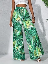 preiswerte weites Bein und hohe Taille-Damen Weite Hosenbeine Chinos Palazzo-Hose Urlaub Streetwear Basic Volle Länge Mittlere Taillenlinie Blumen Tropisch Elastischer Bund Drucken Bequem Unelastisch Täglich Outdoor Straße Blau Marineblau