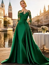 voordelige Vloerlengte-A-lijn Strijksleep Bruiloft gast jurk Formele jurk Avondjurk Moeder van de bruid jurk Lange mouw Met sieraad Elegant Zijdeachtig Kerstmis Formeel Satijn met Appliqués