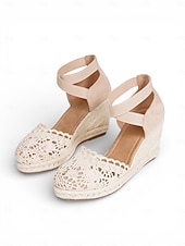 abordables Dama de honor-Sandalias de cuña con alpargatas de encaje beige para mujer, cómodas sandalias de dama de honor con tira en el tobillo para bodas en la playa.