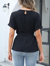 preiswerte Einfache Blusen-Damen Popover-Hemd Sommerhemd Freizeithemd Bluse Gerafft Schnürung Einfach Elegant Stilvoll Basic Kurzarm Rundhalsausschnitt Normale Oberteile Täglich Strand Ferien Blau Schwarz Weiß Grün Sommer