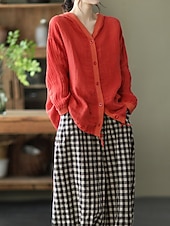 abordables Blouses Unies-Femmes Chemises en coton et lin Boutons Couleur Unie ancien Basique Occasionnel manche longue À capuche Hauts Réguliers Quotidien Bleu Blanche Rouge Abricot Été Printemps Automne