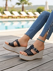 tanie Sandały na koturnie-damskie białe sandały na koturnie z paskiem ze sprzączką – stylowe i wygodne obuwie na lato, plażę i imprezy przy basenie