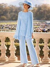 billige Mammas buksedresser-3-delt buksedress gulvlang mor til bruden kjole langermet rund hals elegant formell brudgjest med perler