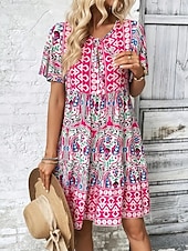 voordelige Vakantie Boho Jurk-Dames Mini-jurk strand jurk A lijn jurk Bloemetjesjurk Elegant Modieus Modern Dagelijks Buiten Vakantie Normale pasvorm Geometrisch Korte mouw V-hals blauw Rood Marine Blauw Oranje Zomer Lente Herfst