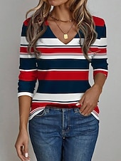 economico T-shirt a righe e geometrico-Per donna Maglietta Stampato Grafico A righe Vintage Moda Elegante Manica Lunga Scollo a V Top Regolari Quotidiano Rosso Primavera Autunno