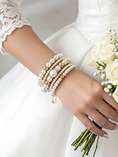 economico Matrimonio ACC-set di eleganti bracciali di perle impilabili da donna - 4 pezzi, color oro, perle d'acqua dolce, perfetti per matrimoni e feste