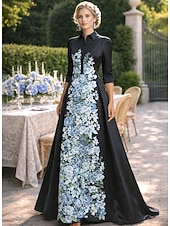 ieftine Lungimea podelei-Linia -A Lungime Podea Rochii Tip Cămașă Rochie pentru invitata de nunta Rochie formala Rochie Mama Miresei Manșon Lung Guler Cămașă Elegant Epocă Nuntă Oficial Satin cu Imprimeu Floral