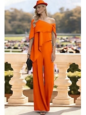 cheap Mom's Jumpsuits-Jumpsuits Floor Length Mother of the Bride Dress Short Sleeve Off Shoulder Elegant Formal Wedding Guest Wedding Party Chiffon with Ruffles