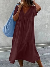 abordables Vestidos-Mujer Vestido Midi Vestidos de lino y algodón 100% Algodón Vestido de cambio Vestido de verano Casual Diario Vacaciones Holgado Plano Manga Corta Escote en Pico Negro Blanco Vino Verde Ejército