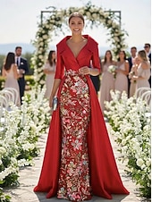 economico Lunghezza del pavimento-Linea ad A Tubino Colonna Lunghezza al pavimento Perline ricamate Abito da invitata a nozze Abito Formale Abito da cerimonia per signora Manica 3/4 Scollo a V Colletto a Camicia Elegante Vintage