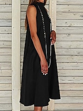 tanie Białe Sukienki Codzienne-damska sukienka midi bez rękawów kieszenie swobodna linia A okrągły dekolt biała lato uniwersalna regularny krój wygodna lekka oddychająca odzież odzież