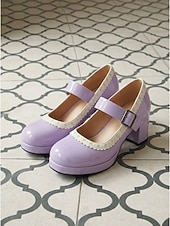 abordables Retro de los años 50-Zapatos Mary Jane vintage de los años 50 para mujer: elegantes tacones de bloque de charol negro sintético con ribete festoneado para fiestas retro y eventos rockabilly. &amp;estilo de mediados de siglo