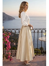 cheap Cocktail Dresses-Two Piece Tea Length Cocktail Dresses Party Dresses Elegant Color Block Long Sleeve V Neck Wedding Party Wear Satin with Pleats