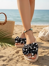 voordelige Vrouwen-Dames slippers met stippen en strik, met gevlochten touwzool – schattige instapschoenen voor strandvakanties, zomervakanties en bij het zwembad.