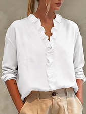 cheap Shirts-Women's Linen-feel Shirts Blouse Ruffle Solid Color Stylish Basic Casual Long Sleeve V Neck Regular Tops Daily Blue White Pink Royal Blue Green Spring Fall