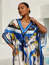 preiswerte Blumenkleider-Ozeanblauer Orchideen-Seidensatin-Kaftan