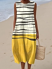 cheap Stripe&amp;Geometric Dress-Women's Midi Dress Shift Dress Sundress A Line Dress Vacation Casual Boho Beach Going out Loose Fit Graphic Geometric Abstract Sleeveless Crewneck White Yellow Green Khaki Summer Spring