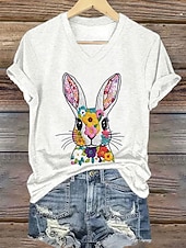 abordables T-shirt de Pâques-Pâques Femmes T-shirt Imprimé Fleuri Graphique Animal Élégant Classique Occasionnel Manche Courte Col en V Hauts Réguliers Quotidien Bleu Blanche Rose Claire Vert Été Printemps