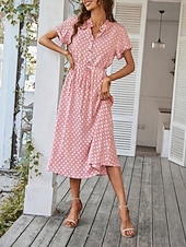 preiswerte Streifen- und geometrische Kleider-Damen Midikleid A Linie Kleid Urlaub Lässig Outdoor Ausgehen Normale Passform Tupfen Kurzarm Umlegekragen Blau Marineblau Weiß Rosa Sommer Frühling