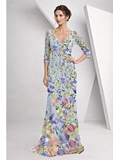 cheap Floor Length-A-Line Floor Length Mother of the Bride Dress Half Sleeve V Neck Elegant Vintage Formal Lace Tulle with 3D Flowers Embroidery Flower