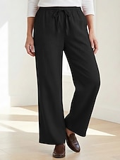 cheap Premium Linen Collection-70% Linen Women's Linen Pants Culottes Wide Leg Wide Leg Chinos Vacation Streetwear Basic Full Length Medium Waist Plain Drawstring Pocket Comfort Inelastic Daily Outdoor claret Deep Green
