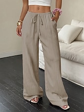 abordables jambe large et taille haute-Femmes Pantalons Pantalon décontracté Droit Vacances Mode Streetwear Longueur complète Taille haute Uni Avec Poches Taille Élastique Confort Confortable Quotidien Vacances Rue Noir Kaki Printemps
