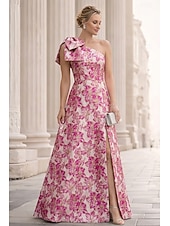 economico Abiti da Sera a Linea A-Linea ad A Lunghezza al pavimento Abito da Sera Elegante Senza Maniche Monospalla Matrimonio Formale Tasca Jacquard Shiena scoperta con Fiocco/Fiocchi Pieghe Spacco