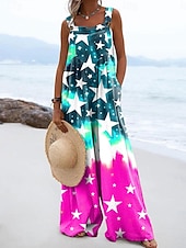 preiswerte Unabhängigkeitstag Hosen-Unabhängigkeitstag Patriotic Damen Latzhosen Aktiv Floral Ärmellos Ärmellos Weite Beine Quadrat-Ausschnitt Pocket Knöpfe Täglich Strand Lockere Passform Rot Lila Orange Sommer