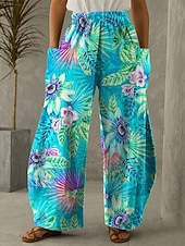 abordables jambe large et taille haute-Femmes Jambe large Chinos Vacances ancien Occasionnel Longueur complète Taille haute Fleuri Graphique Ceinture Élastique Non Elastique Occasionnel Quotidien Décontracté Bleu Rose Claire Rouge Ét