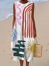 cheap Stripe&amp;Geometric Dress-Women's Midi Dress Shift Dress Sundress A Line Dress Vacation Casual Boho Beach Going out Loose Fit Graphic Geometric Abstract Sleeveless Crewneck White Yellow Green Khaki Summer Spring