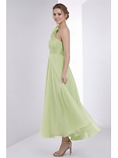 お買い得  Aラインのイブニングドレス-Ａライン アンクル丈 ウェディングゲストドレス フォーマルドレス イブニングガウン 卒業ドレス エレガント ノースリーブ ワンショルダー プロムドレス フォーマル オーガンザ ととも​​に 刺繍の花