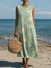 cheap Vacation Dresses-Women's Midi Dress Shift Dress Sundress A Line Dress Vacation Casual Boho Beach Party Going out Loose Fit Floral Graphic Sleeveless Crewneck Light Yellow Deep Green Gray Green Orange red Summer Spring