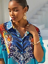 お買い得  プリントカジュアルドレス-インディゴタイグレスシフォンバケーションシャツドレス