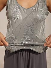  Mulheres Blusa Tops elegantes Conjunto de gêmeos Paetês Pena Elegante Manga 3/4 Colarinho Mandarim Tops regulares Festa de Noite Traje formal Cinzento Primavera Outono Inverno