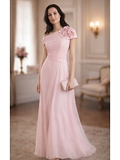 cheap Floor Length-A-Line Dress Floor Length Party Dress Cocktail Dress Wedding Guest Dress Mother of the Bride Dress Short Sleeve Bateau Neck Elegant Vintage Formal Chiffon with Ruched Appliques Flower