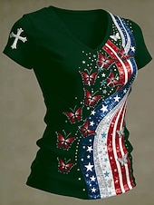  Ημέρα Αμερικανικής Ανεξαρτησίας Γυναικεία Μπλουζάκι Στάμπα Γραφική Σημαία Στυλάτο Κλασσικό Καθημερινό Κοντομάνικο Λαιμόκοψη V Κανονικά μπλουζάκια Καθημερινά Μαύρο Ρουμπίνι Πράσινο του τριφυλλιού