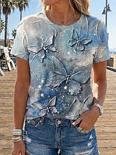 abordables T-shirt Art &amp; Design-Femmes T-shirt Imprimé Papillon Mode Moderne Manche Courte Col ras du cou Hauts Réguliers Quotidien Bleu Jaune Rose Claire Bleu Ciel Été