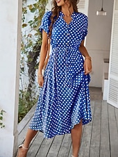 preiswerte Streifen- und geometrische Kleider-Damen Midikleid A Linie Kleid Urlaub Lässig Outdoor Ausgehen Normale Passform Tupfen Kurzarm Umlegekragen Blau Marineblau Weiß Rosa Sommer Frühling