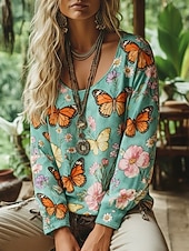 economico Tops Boho-Per donna Maglietta bohémien Maglietta Stampato Floreale Vintage Etnico Casual Manica Lunga Scollo a V Top Regolari Quotidiano Weekend Abbigliamento da vacanza Blu Primavera Autunno