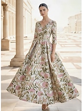 abordables Robes de cocktail-Ligne A Longueur cheville Longueur thé Robe de Cérémonie Robe Fleurie Robes de Cocktail Élégant ancien Floral Manche 3/4 Col en V Fête de jardin Mariage Poche Jacquard Dos Bénitier avec Imprim
