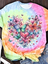 お買い得  動物のTシャツ-女性用 Tシャツ プリント グラフィック バタフライ タイダイ ヴィンテージ スタイリッシュ クラシック 半袖 クルーネック レギュラートップス 日常 ブルー ピンク レインボー 夏 春