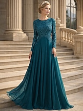 preiswerte Bodenlänge-A-Linie Bodenlang Kleid für Hochzeitsgäste Abendkleid Brautmutterkleid Langarm Rundhalsausschnitt Elegant Party Formell Hochzeitsgast Formeller Abend Spitze mit Falten