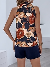 cheap Women's Blouse Suits-Women's Shorts Sets Bolero Top Sleeveless Halter Neck Floral Print Active Streetwear Daily Outdoor Work Blue Summer Regular Fit